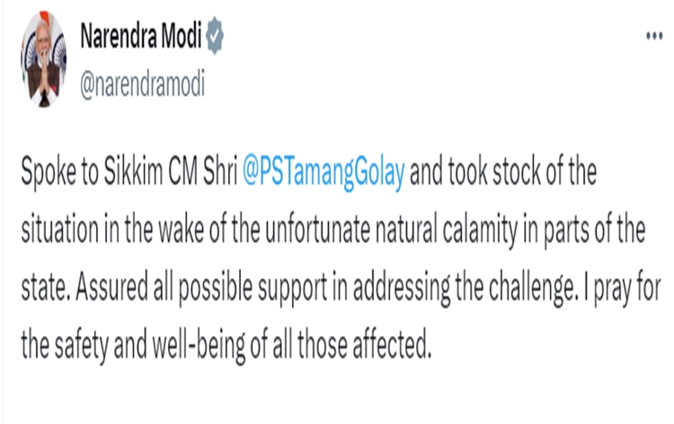 PM Modi takes stock of situation arising from Glacial Lake Outburst Flood in parts of Sikkim from CM Prem Singh Tamang