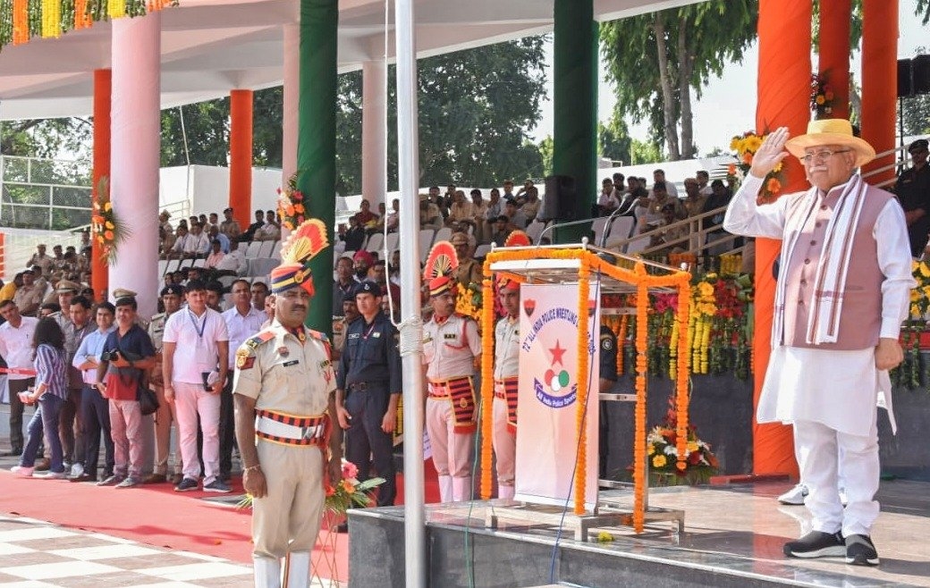 Haryana CM Manohar Lal inaugurates 72nd All India Police Wrestling Cluster event held at Vachher Stadium in Haryana Police Academy at Madhuban in Karnal district