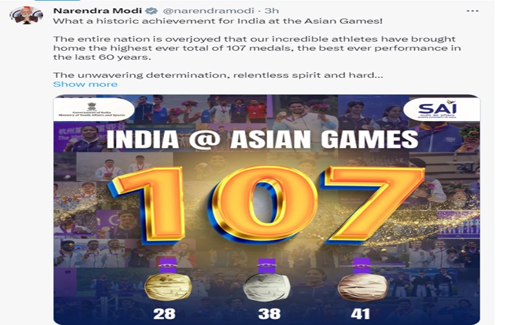 PM Modi congratulates winners for historic achievement for India at Asian Games