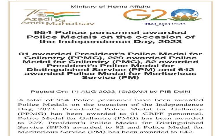 954 police personnel awarded Police Medals on occasion of Independence Day