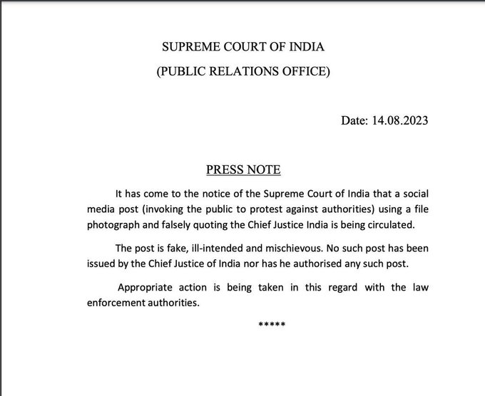 SC issues alert about fake news falsely quoting CJI; says appropriate action being taken