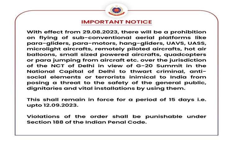 Delhi Police prohibits flying of aerial platforms ahead of G20 Summit