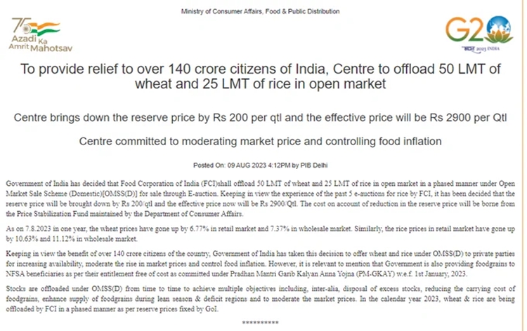 Government to sell 50 lakh tonnes of wheat and 25 lakh tonnes of rice in open market to stabilize retail price