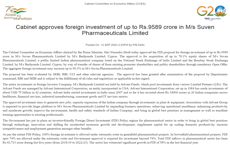 Govt approves FDI proposal for foreign investment of up to Rs 9589 crore in Suven Pharmaceuticals Ltd