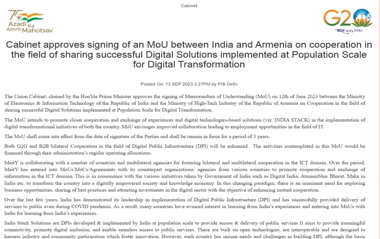 Govt approves signing of MoU between India & Armenia on cooperation in field of sharing successful Digital Solutions implemented at Population Scale for Digital Transformation