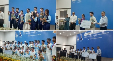 केंद्रीय खेल मंत्री अनुराग सिंह ठाकुर ने एशियाई खेलों के क्रिकेट, रोइंग और निशानेबाजी के पदक विजेताओं को सम्मानित किया