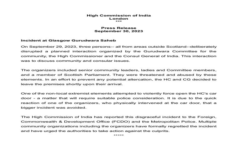 India condemns after High Commissioner stopped from entering Gurudwara in UK by non-local extremist elements