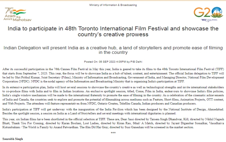 India to participate in 48th Toronto International Film Festival commencing 7th September 2023