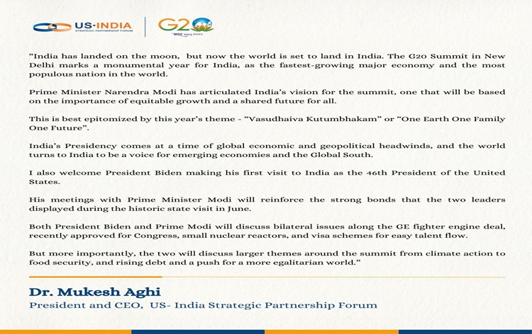 G20 Summit in New Delhi marks “monumental year” for India: USISPF President and CEO Mukesh Aghi