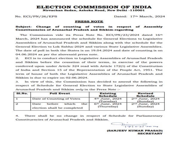 EC changes counting date of Arunachal Pradesh & Sikkim assembly polls to June 2