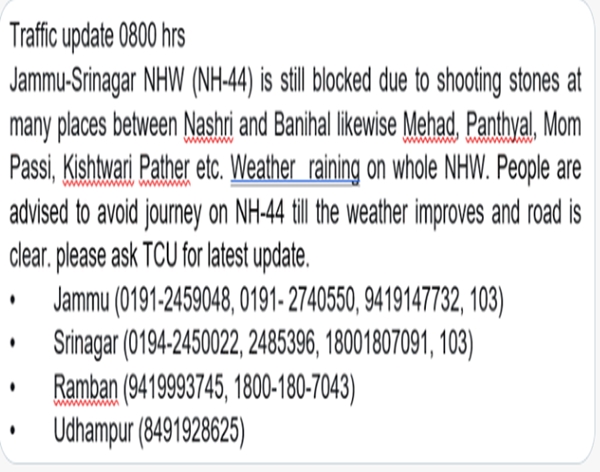 J&K: Traffic on Jammu-Srinagar National Highway suspended early this morning 