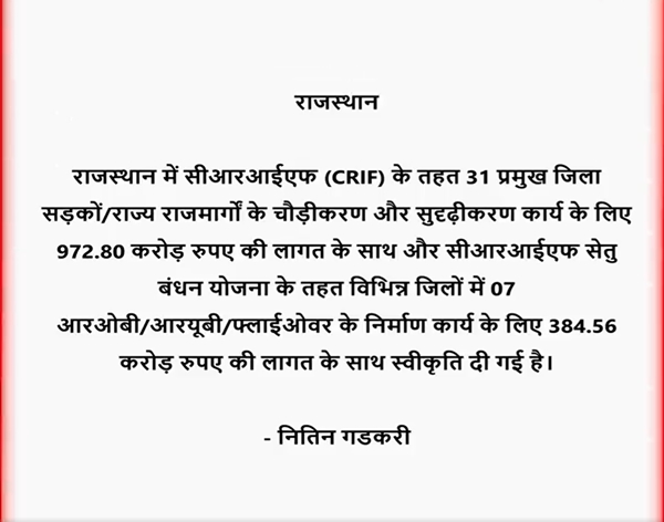 Union Minister Nitin Gadkari Sanctions Over Three Thousand Two Hundred Crore Rupees For Road Development Projects In Karnataka, Telangana And Rajasthan