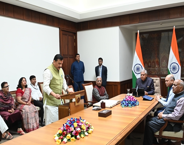 Rajya Sabha Chairman Jagdeep Dhankhar administers oath to re-elected RS member Sanjay Singh in Parliament House