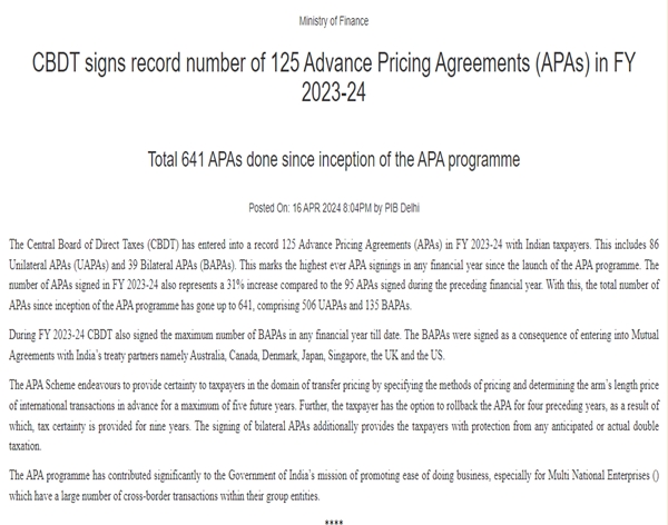 Record 125 Advance Pricing Agreements Signed by CBDT in FY 2023-24