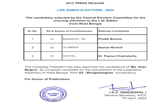 West Bengal: Congress releases list of three candidates for Lok Sabha polls