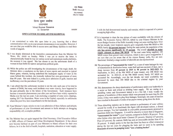 LG Raises Water Scarcity Concerns in Letter to CM