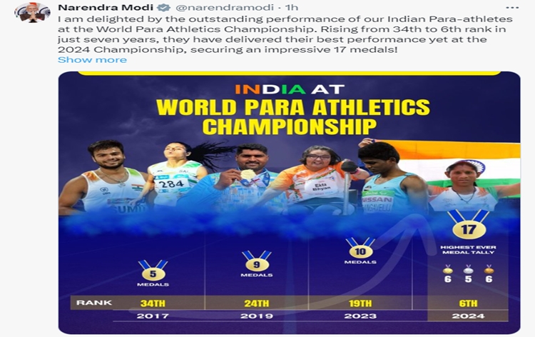 PM Modi expresses delight over outstanding performance of Indian Para-athletes at World Para Athletics Championship 