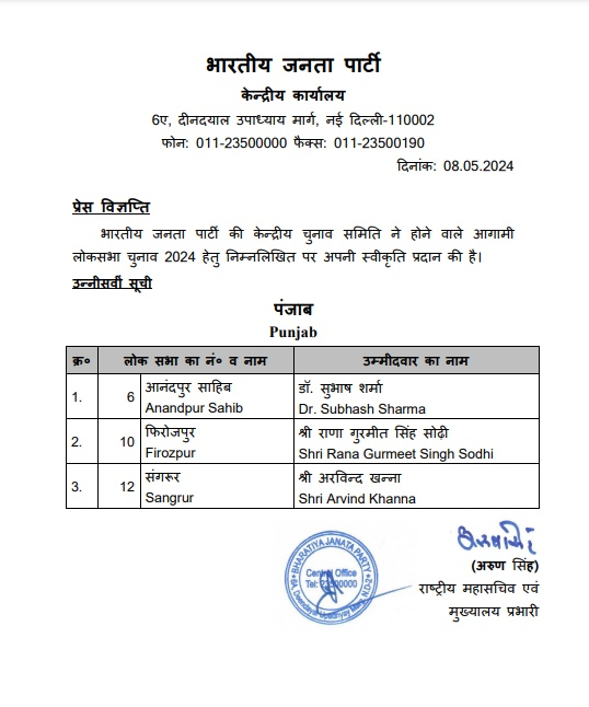 भारतीय जनता पार्टी ने लोकसभा चुनाव के लिए आज तीन उम्मीदवारों की एक और सूची जारी की