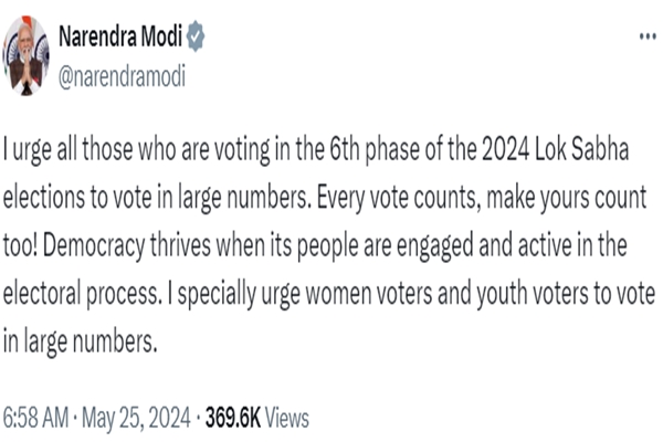 PM Modi urges all to vote in sixth phase of Lok Sabha elections