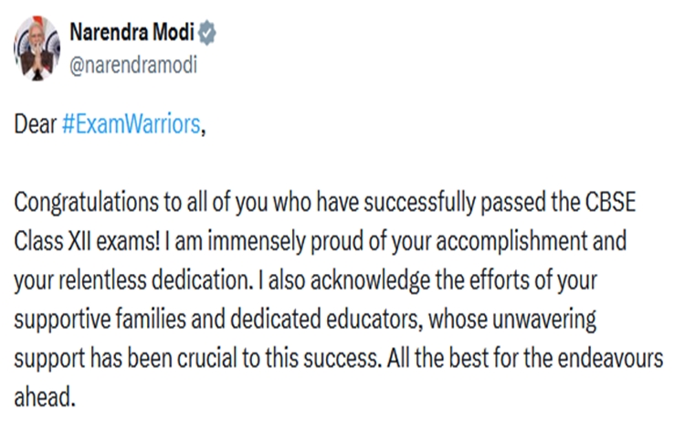 PM Modi Congratulates CBSE Class 12 Students on Results