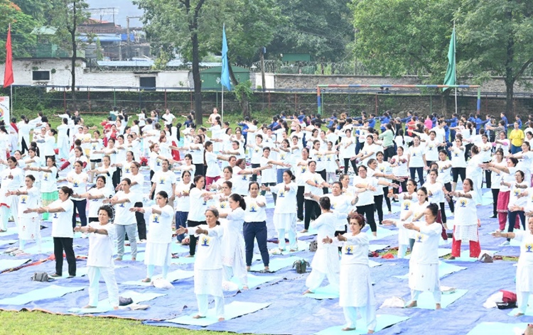 Yoga practice in Pokhara among yoga enthusiasts prior to the 10th International Yoga Day observation, shows people imbibing Yoga for a healthy lifestyle