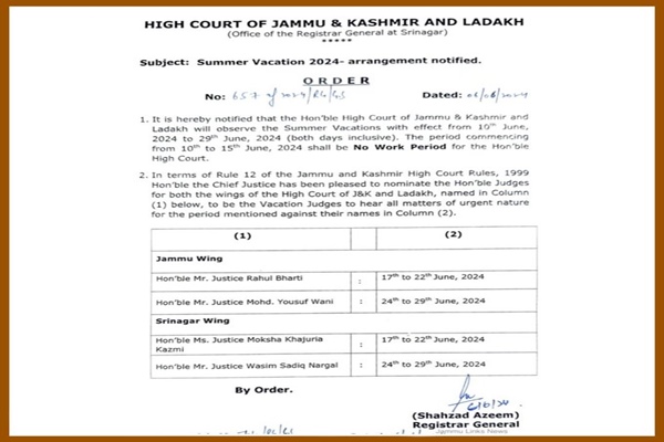 J&K and Ladakh HC announces twenty-day summer vacation