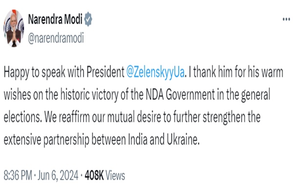 PM Modi thanks Ukraine President Volodymyr Zelenskyy for wishes on NDA govt victory in general elections