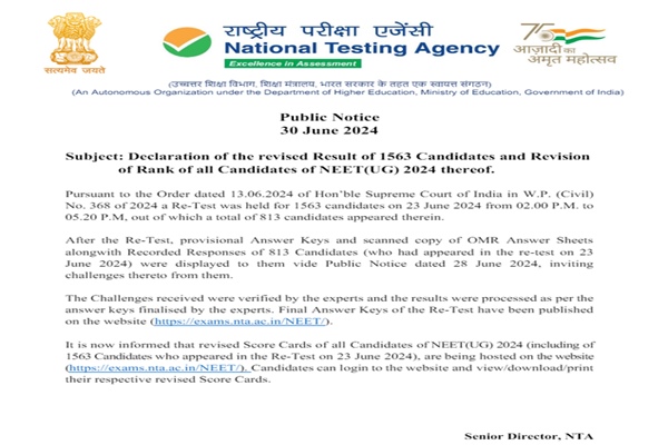 NTA declares revised scores and ranks for NEET(UG) exam candidates post Re-Test