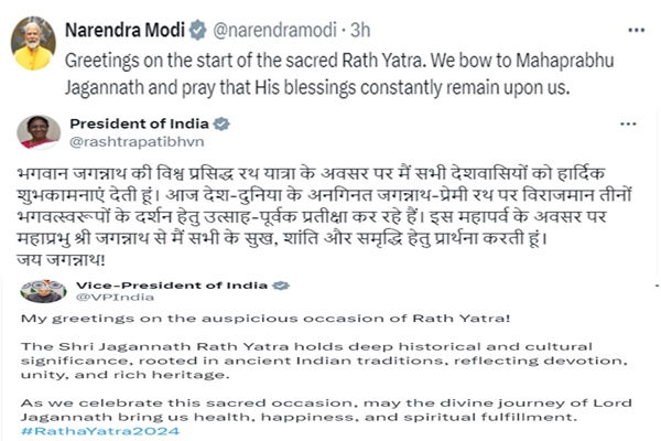 President, VP & PM express greetings to all countrymen on start of sacred Rath Yatra of Lord Jagannath today