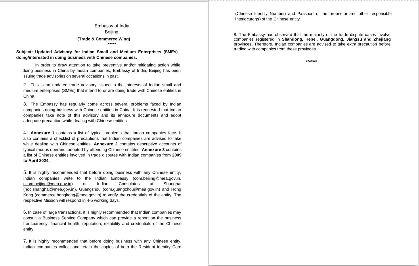 Indian Embassy in China issues advisory for Indian companies to adopt adequate precautions while dealing with Chinese entities for trade