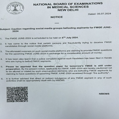 FMGE June 2024 exam to be conducted on July 6; NBEMS cautions FMGE aspirants about social media groups