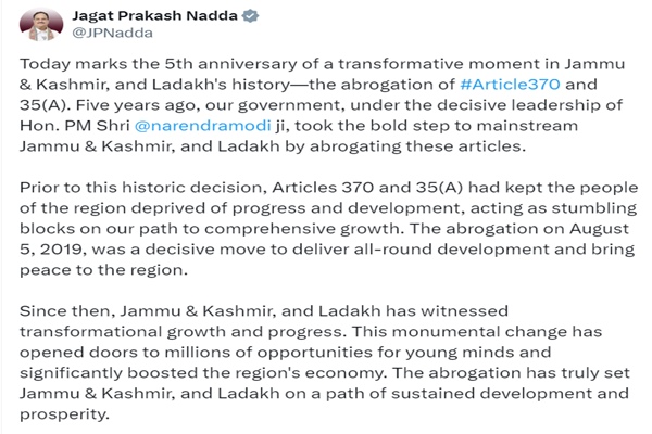 BJP President JP Nadda Highlights Transformational Growth in Jammu Kashmir and Ladakh Post-Article 370 Abrogation