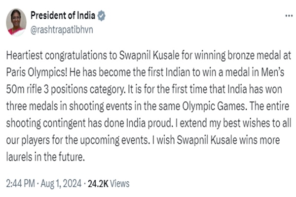 President Murmu Congratulates Swapnil Kusale’s Historic Bronze Medal at Paris Olympics