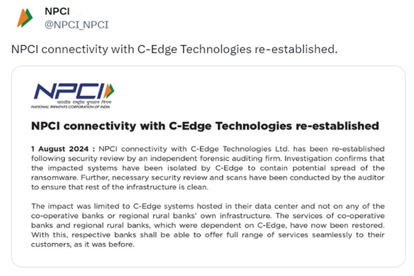 NPCI Re-established Connectivity with C-Edge Technologies After Security Review; Services for Cooperative & Rural Banks Restores