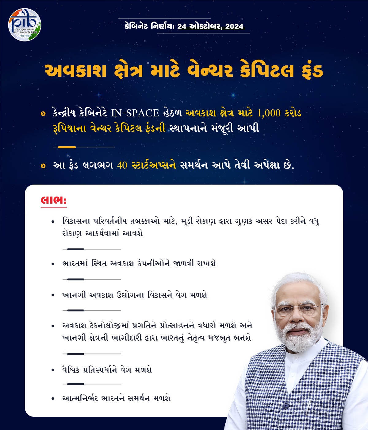 કેન્દ્રીય મંત્રીમંડળે અવકાશ ક્ષેત્રને સમર્પિત એક હજાર કરોડ રૂપિયાના વેન્ચર કેપિટલ ફંડની સ્થાપનાને મંજૂરી આપી