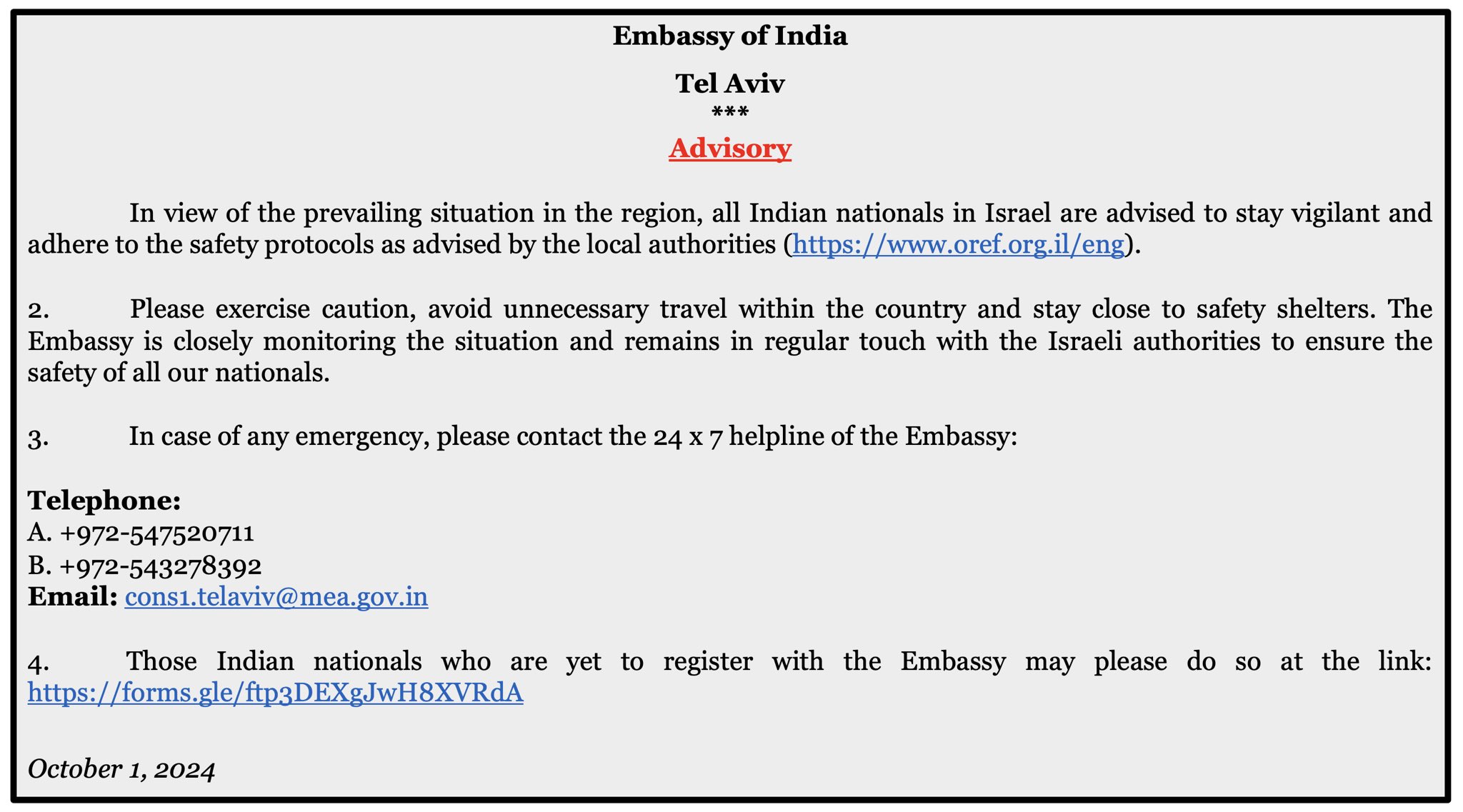 Indian Embassy in Tel Aviv advised Nationals in Israel to Stay Vigilant Amid West Asia situation