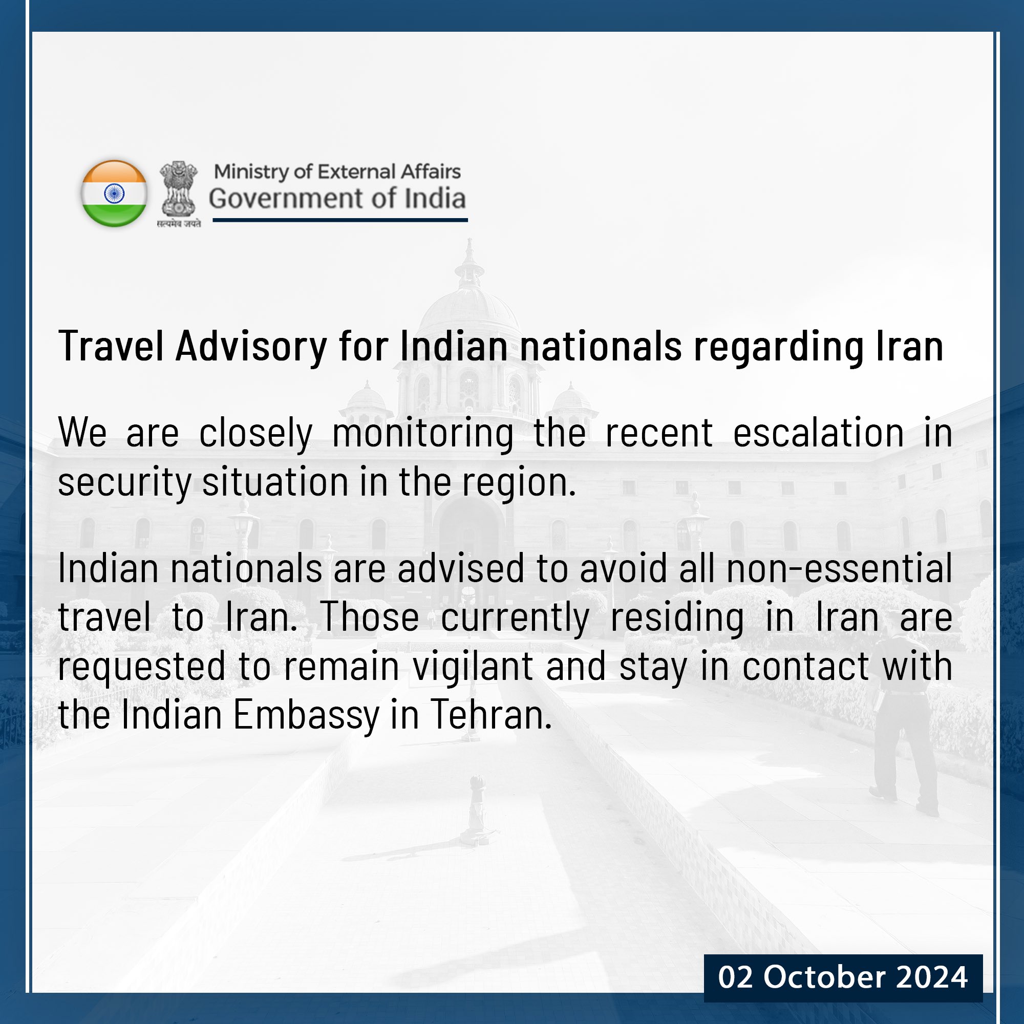 Indian nationals advised to avoid all non-essential travel to Iran