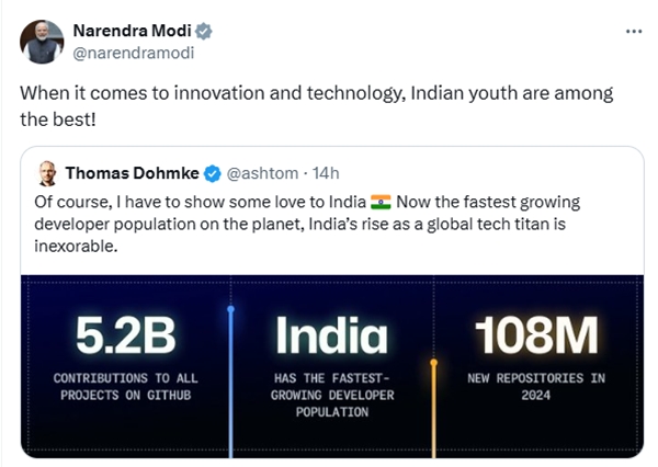 PM Modi Praises Indian Youth as GitHub CEO Highlights India’s Rapid Growth in AI & Tech Innovation