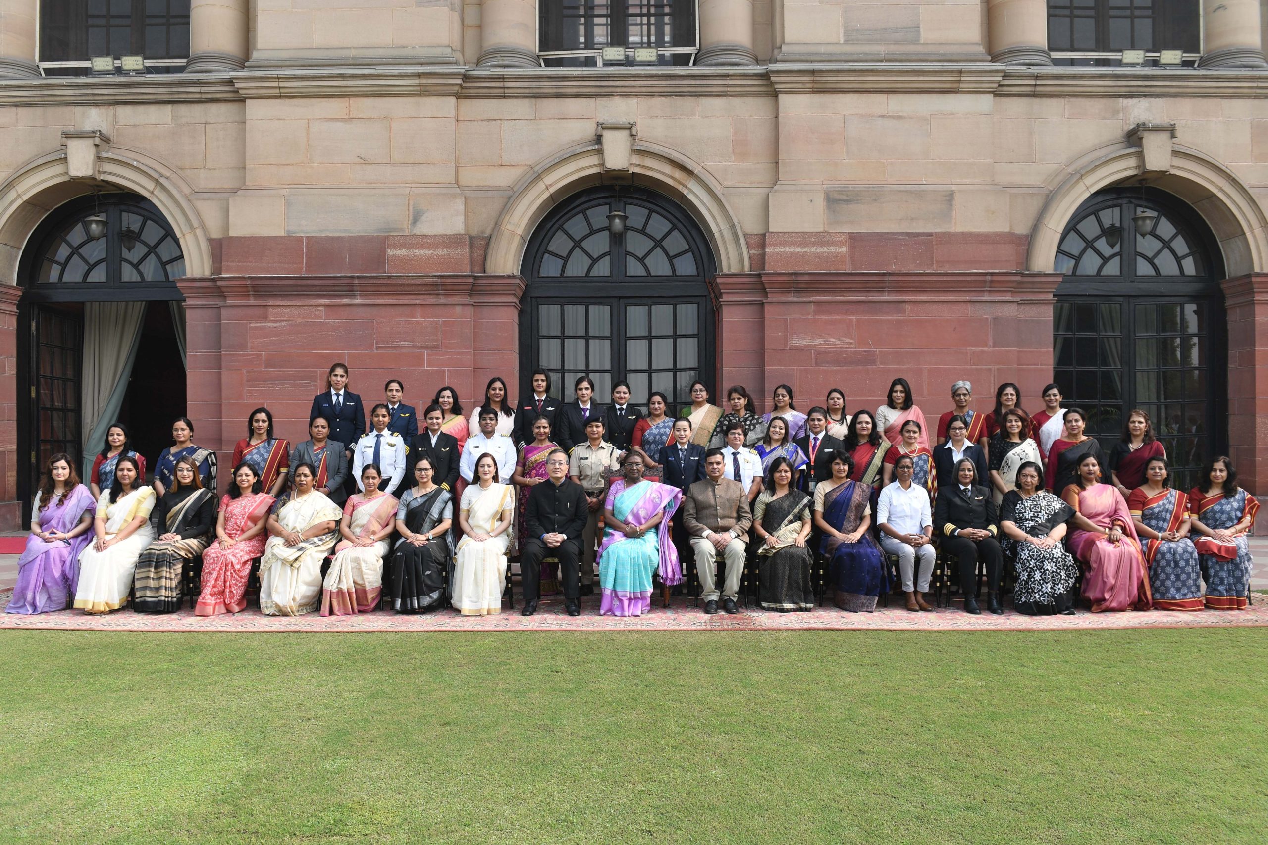 President Droupadi Murmu interacts with group of women achievers in Indian aviation sector