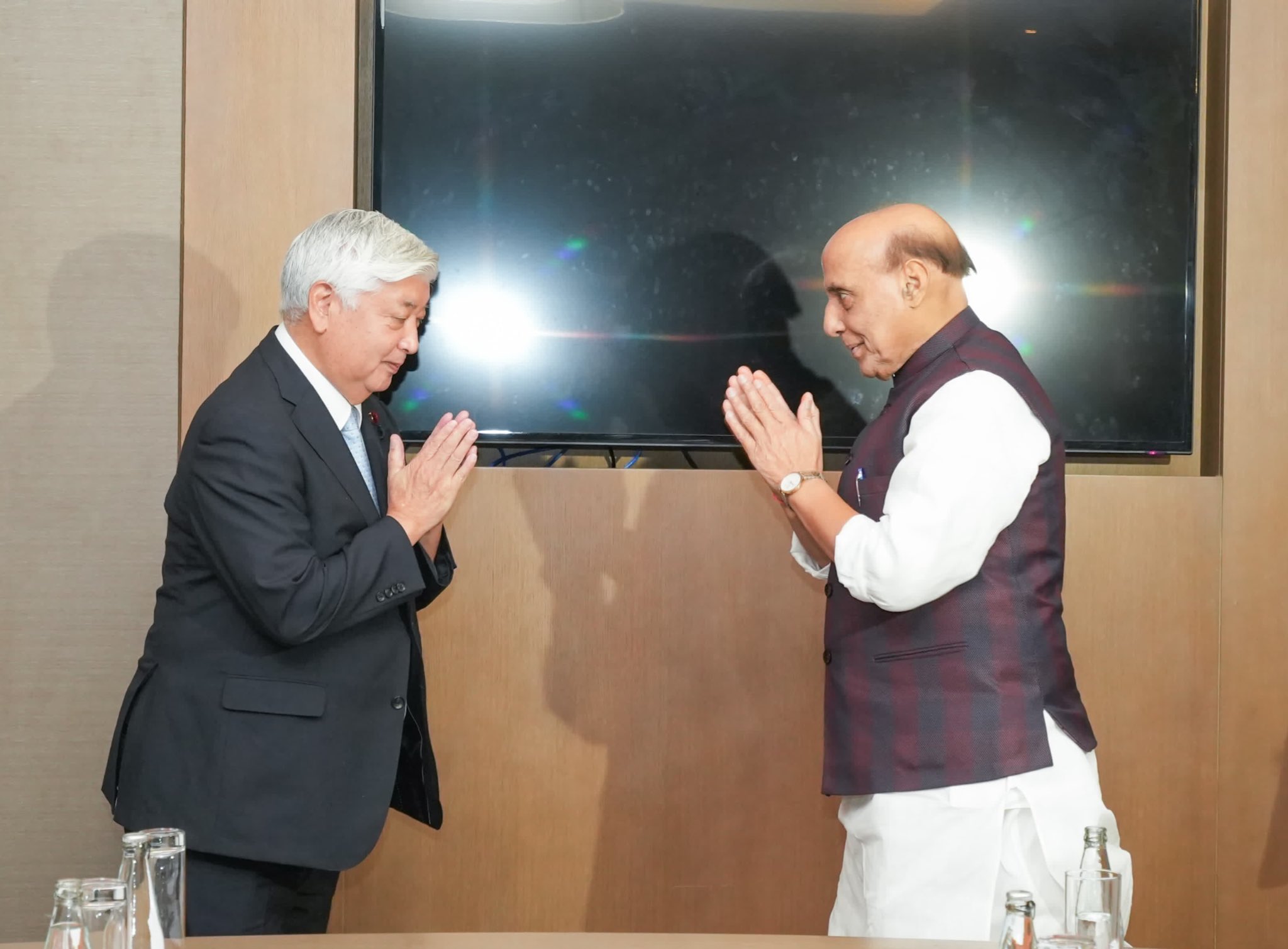 Defence Minister Rajnath Singh meets Japanese counterpart General Nikatani in Vientiane, Laos