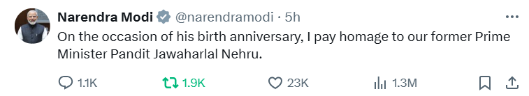 પ્રધાનમંત્રી નરેન્દ્ર મોદીએ આજે ભૂતપૂર્વ પ્રધાનમંત્રી પંડિત જવાહરલાલ નેહરુને તેમની જન્મજયંતિ નિમિત્તે શ્રદ્ધાંજલિ અર્પણ કરી