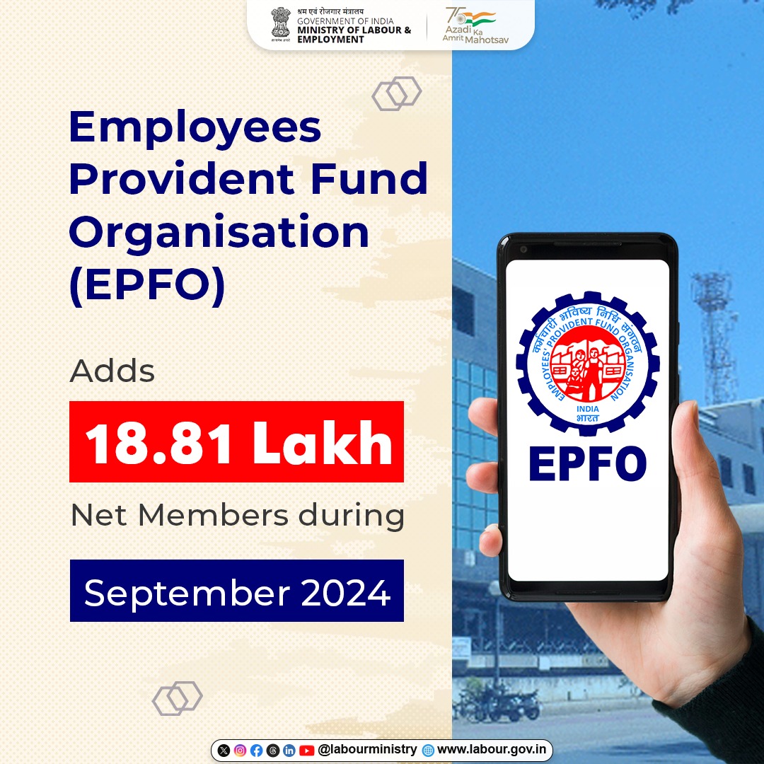 EPFO نے اِس سال ستمبر کے مہینے کے دوران 18 لاکھ 81 ہزار نئے ممبروں کا اضافہ کیا ہے۔ اس طرح اس میں 9 اعشاریہ تین تین فیصد کا اضافہ درج کیا گیا ہے۔