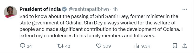 राष्ट्रपति द्रौपदी मुर्मू ने ओडिशा-सरकार के पूर्व मंत्री समीर डे के निधन पर दुःख जताया