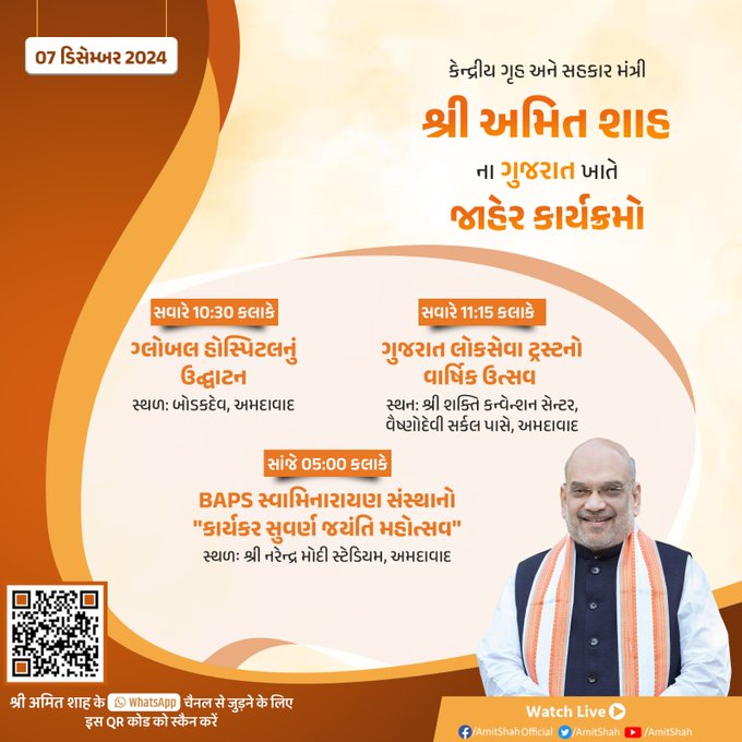 કેન્દ્રીય ગૃહમંત્રી અમિત શાહ આજે અમદાવાદની મુલાકાતે – વિવિધ કાર્યક્રમોમાં હાજરી આપશે.