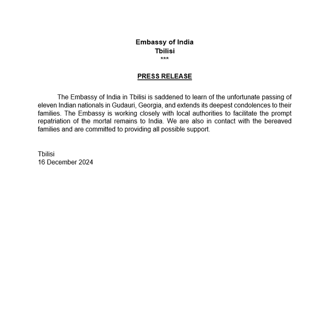 Embassy of India in Tbilisi extends condolences over demise of 11 Indian nationals in Georgia