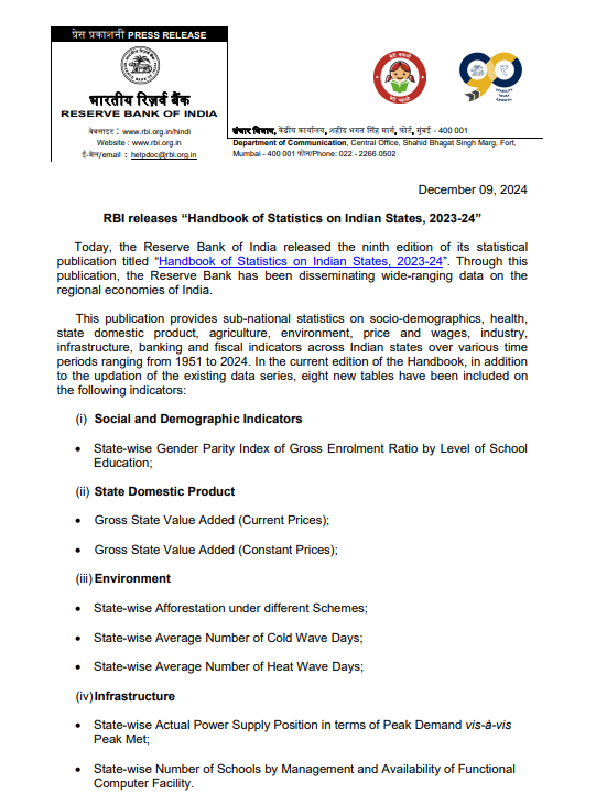 RBI releases 9th edition of its statistical publication Statistical Handbook on Indian States 2023-24