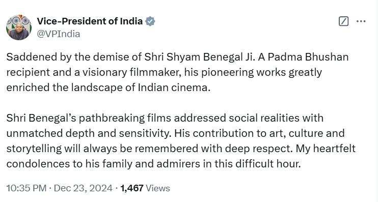 VP Jagdeep Dhankar condoles demise of Indian filmmaker Shyam Benegal