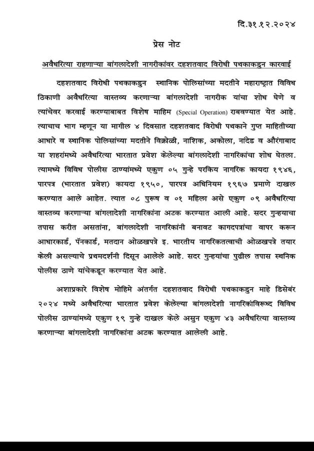 राज्यात बेकायदा वास्तव्य करणाऱ्या ४३ बांग्लादेशी नागरिकांना अटक