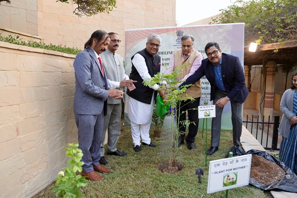 Union Minister Bhupender Yadav plants sapling at Indian Embassy in Riyadh