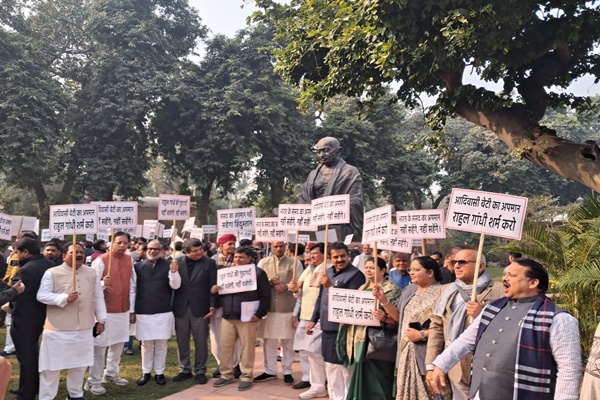 NDA MPs protest in Parliament over incident injuring 2 BJP leaders